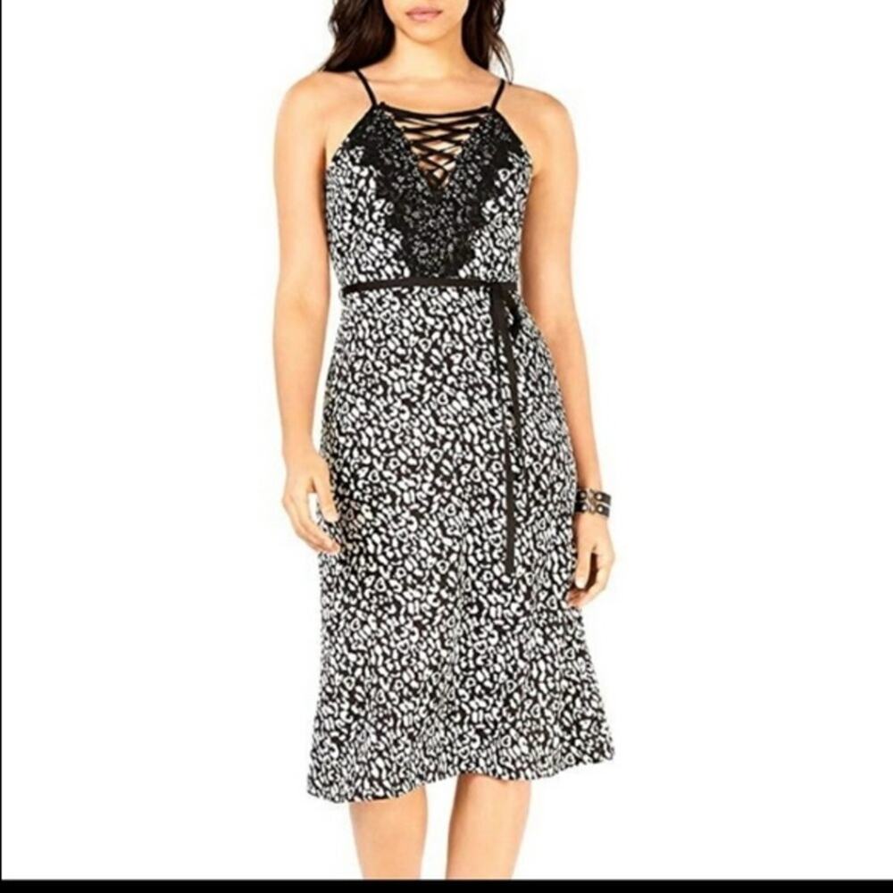 JOA Just One Answer Leopard Print Silky Slip Dress Lace Neckline Size Small